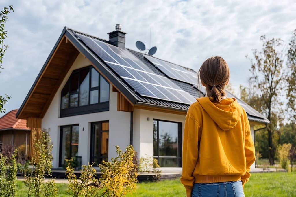 Young women looking in a house with a solar panel in the rooftop